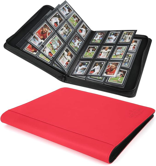 9-Pocket Toploader Binder, Holds 288 Cards in 3x4" Rigid Hard Cases, Premium PU Leather Zippered Trading Card Album for TCG & Sports Cards, Waterproof & Anti-Scratch - Red