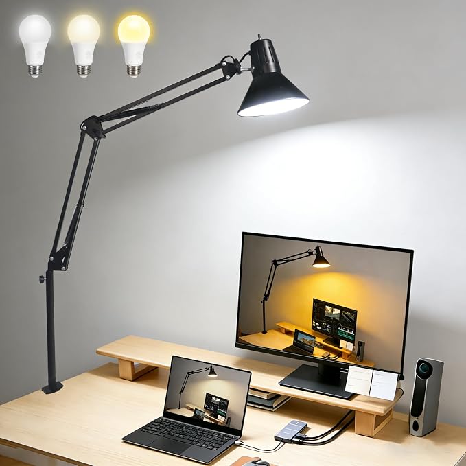 Black Dimmable Desk Lamp with Clamp, Extra-Tall Adjustable Swing Arm | Manicurist Table Lamp for Nail Work, Drafting, Sewing, Crafting, Home Office, 3 Color Temperatures, A19 Bulb Included