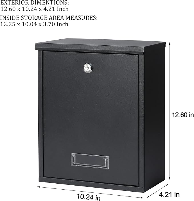 Jssmst Locking Mailbox Wall Mount Key Lock Drop Box Large Capacity with Galvanized Steel Cover and Rust-Proof Metal Post Box, Black Matt, SM-0702LK,Medium