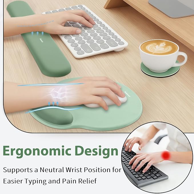Mouse Pad and Keyboard Wrist Rest, 3-in-1 Gel Memory Foam Ergonomic Mouse Pad with Wrist Rest Set,Gaming Mousepad Arm Cushion Support for Computer Office Desk Accessories Cute Setup,Sage Green