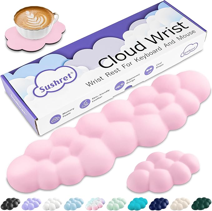 Cloud Wrist Rest Keyboard, Cloud Keyboard Wrist Pad Set with PU Leather Memory Foam, Cute Arm Rest for Palm Support, PC/Gaming Desk Accessories/Office Setup/Computer Hand Cushion - Pink