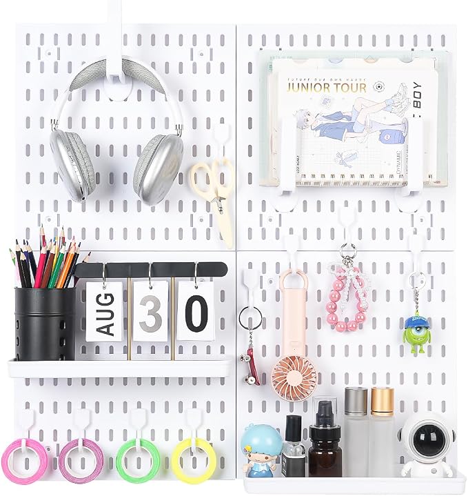 White Pegboard Wall Organizer Kit, Craft Room, 4 Panels Hooks & Shelves | Peg board accessories for sewing, desk and home office, ABS storage with bins, holds small parts, easy to clean, maker gift