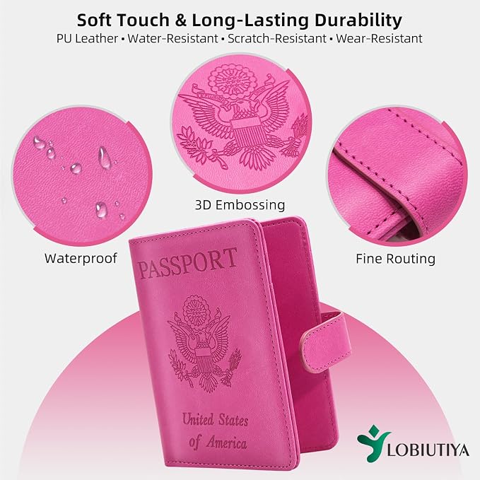 2 Pack Passport Holder For Travel with Luggage Tag Cover – RFID Blocking Passport Wallet Holder for Travel Women/Men | PU Leather Passport Case with Money Pocket, Blue/Pink