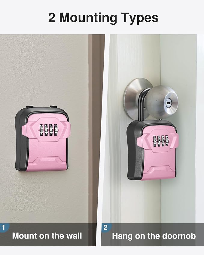 Puroma Lock Box, Key Lock Box Wall Mount & Portable Combination Lockbox with Resettable Code, Security Lockbox for Outside House Keys, Apartment Realtors Spare Keys Storage (1 Pack, Pink)