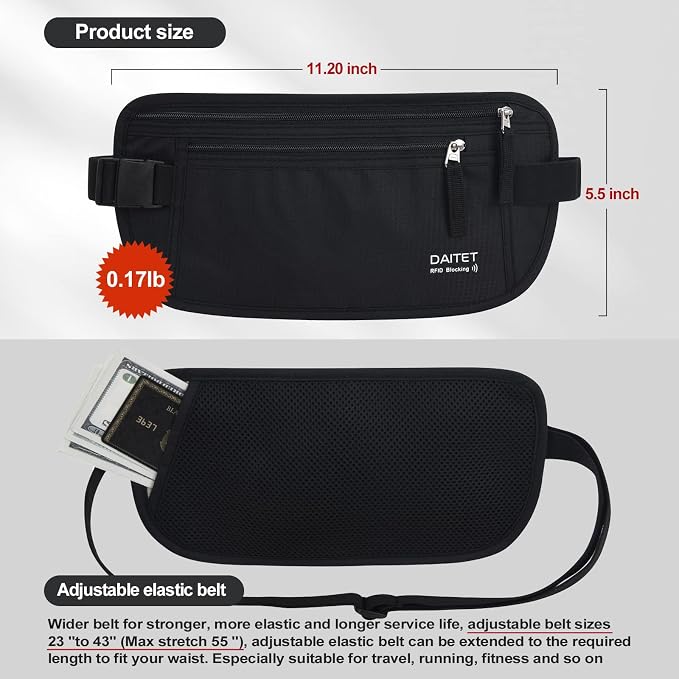 Money Belt - Passport Holder Secure Hidden Travel Wallet with RFID Blocking, Undercover Fanny Pack (Black)