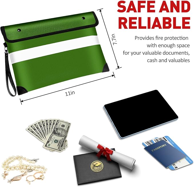 Vailoin 6200°F Fireproof Money Bag, 8 Layers of Heat Insulated Materials | Double-sided Reflective Strip, Waterproof Zipper,Certified to SGS UL94 V-1, for Tablet, Cash, A5-sized documents（Green）