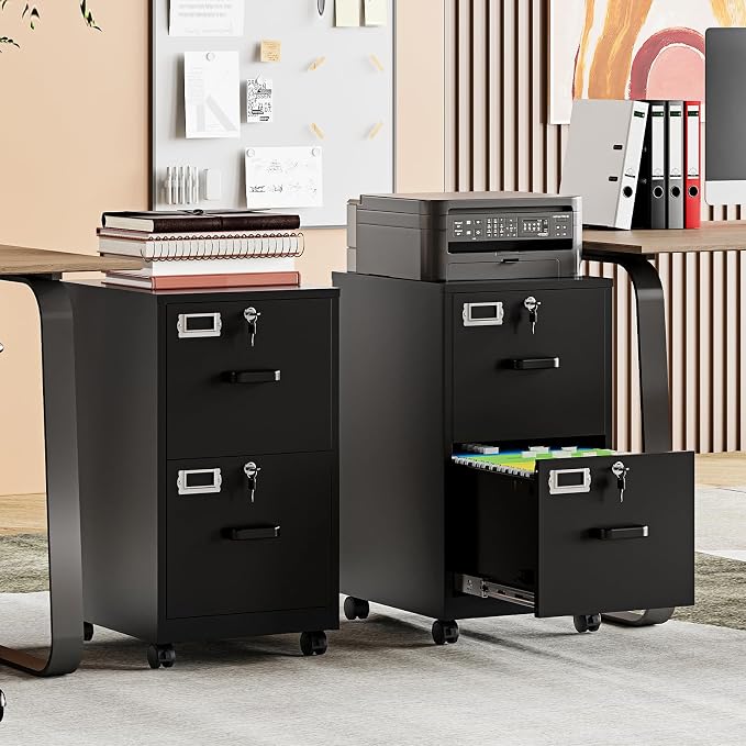 MIIIKO 2 Drawer File Cabinet with Lock, Vertical Metal Filing Cabinets for Home Office, Lockable Storage File Cabinets Under Desk, A4/Letter File Folders(Black)-Assembly Required
