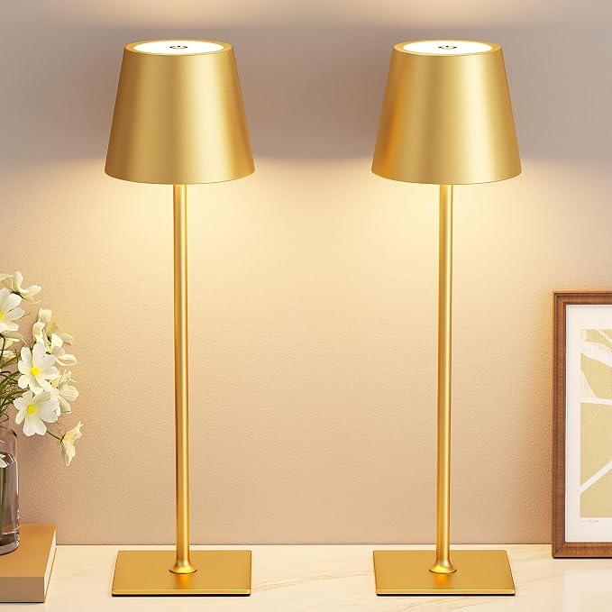 Kakanuo Gold Cordless Rechargeable Table Lamp 5000mAh Battery Operated Lamps, 3 Colors Stepless Dimming Touch Lamp for Living Room, Kitchen Counter, Dining, Outdoor Patio, 2 Pack