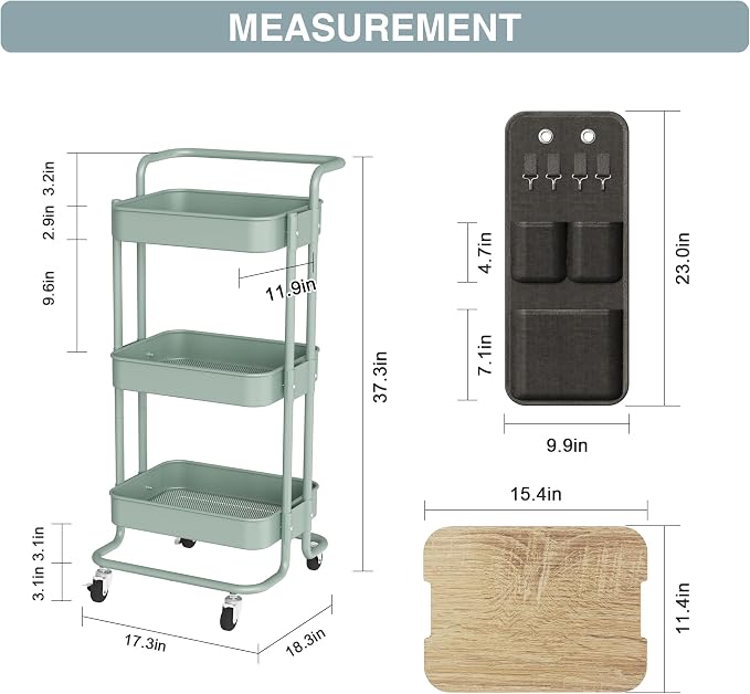 DTK 3-Tier Rolling Cart with Table Top, Metal Utility Cart with Side Bags | Tray Storage Organizer, Lockable Wheels, 4 Hooks, Art Cart for Kitchen, Bathroom, Office, Craft room, Living room, Green