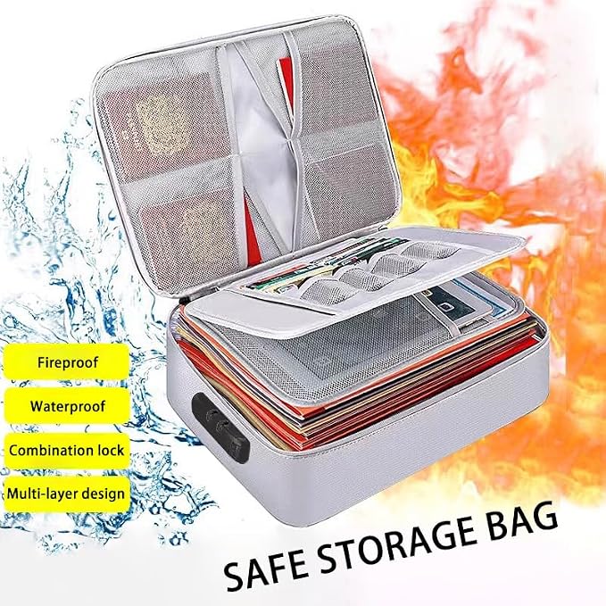 Fireproof Bag with Lock, Waterproof Fireproof Document Organizer for Safe Storage – Large Capacity File Storage Case for Home, Office, and Travel (grey)