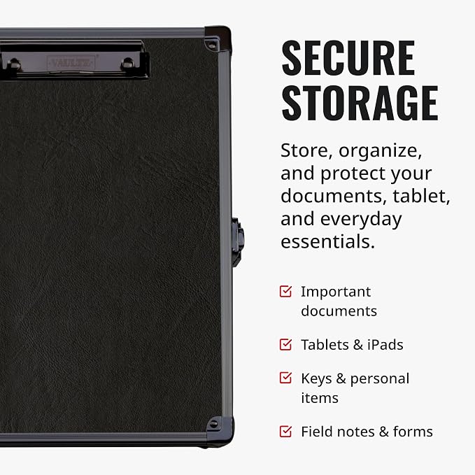 Vaultz Locking Storage Clipboard, Key Lock, Tactical Black, 12.75 in | Secure storage compartment keeps documents protected, durable clipboard design built for travel or office use