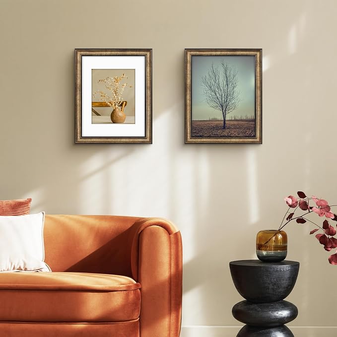 Golden State Art, 11x14 Photo Frame with Mat for Pictures 8x10 and Real Glass (Dark Gold Brown & Bronze Pewter Panel with White Color Mat, 1.25 Inch Frame Border)
