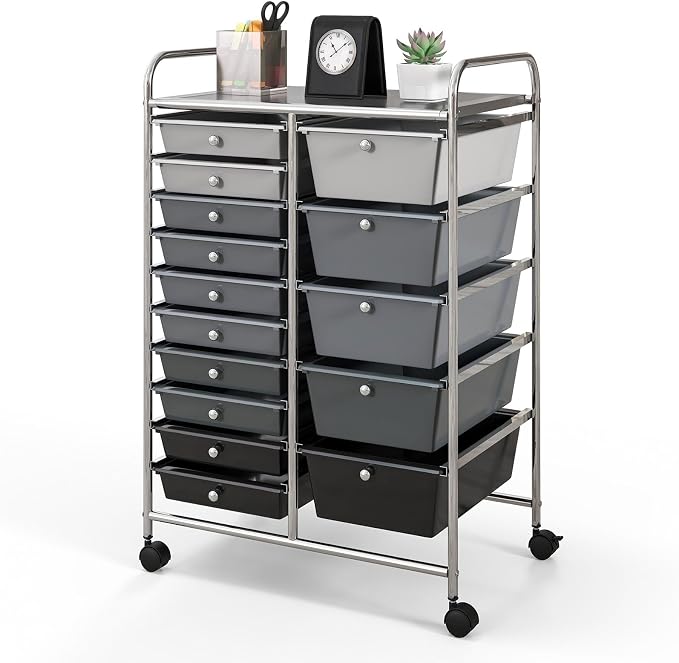 GLACER 15 Drawers Rolling Storage Cart, Steel Frame Craft Organizer Cart | Utility Cart w/Lockable Wheels & Sleek Handle, Mobile Art & Tool Supply Trolley for Teacher, Home, School, Office (Grey)