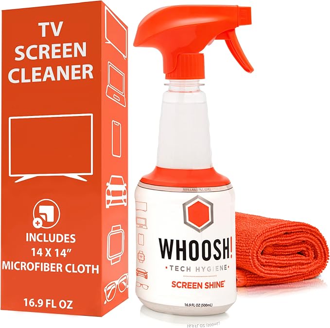 WHOOSH Screen Shine Pro Refillable Cleaning Kit, 16.9 fl oz | Streak Free Finish, Non Toxic and Odorless, For Flat Screens, OLED, LCD and Monitors, Microfiber Cloth Included