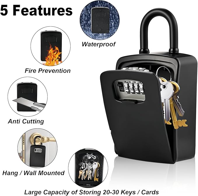 XXL Large Key Lock Box, 5.5"x4.1"x2.1", Upgraped Material | Waterproof Kirsite Combination Lockbox for Keys Outdoor, Portable Key Lock Box Wall Mount with Code (1 Pack, Black)