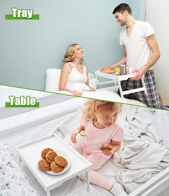 Youpehom Bamboo Bed Tray Tables with Folding Legs, Medium, 2-Pack, White | Two bamboo bed trays with folding legs and handles for meals, laptops, reading and serving in bed or on a sofa.