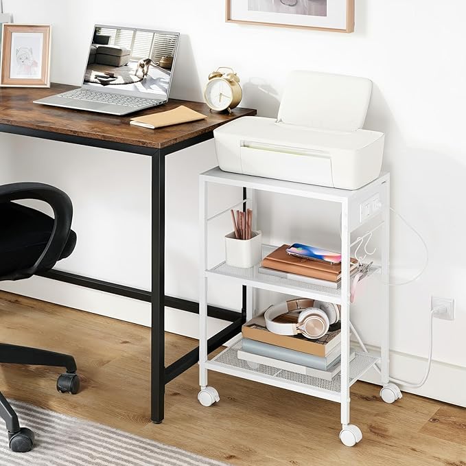 HOOBRO Industrial Printer Stand, 3-Tier Mobile Printer Table, Rolling Cart with Power Outlets and USB Ports, Home Printer Stand with 2 Hooks, for Office, Living Room, White WW22UPS01