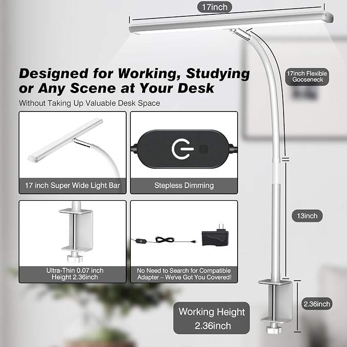 Airlonv LED Desk Lamp with Clamp, 17" Stepless Dimming Light, White | 2700K-6500K, 100 LEDs, 360° Gooseneck, Fits Up to 30" Monitors, Flicker-Free Lighting for Home Office, Study& Workbench