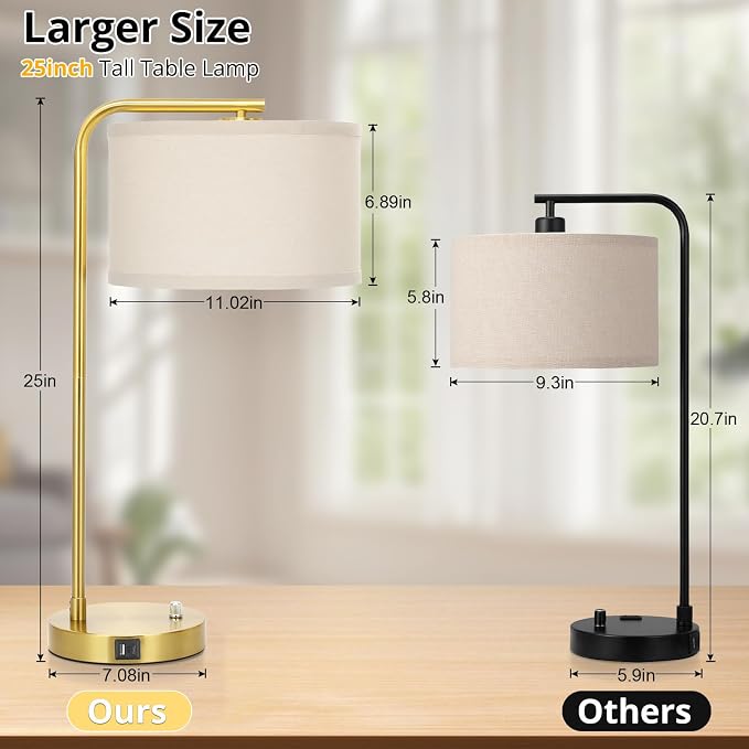 Mordern Gold Table Lamp, Fully Dimmable Bedside Lamp with C+A USB Ports | 25" Tall Nightstand Lamp, Desk Lamp with Beige Drum Shade, Side Table Lamp for Living Room Bedroom Office, LED Bulb Included