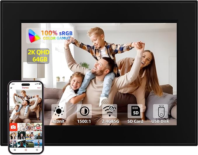 Frameo 11 Inch WiFi Digital Picture Frame with 64GB Memory, Touch Screen & Auto Rotate | Instant Photo/Video Sharing via App, 1920x1280 HD Display, SD Card/USB/WiFi 6 Upload, Gi-ft for Family