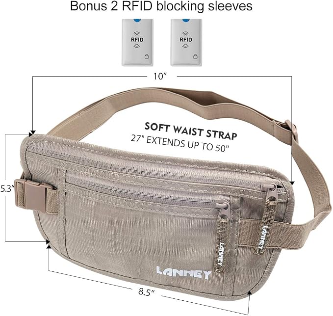 Money Belt for Travel, Slim RFID Blocking Women and Men Hidden Travel Pouch Under Clothes, Passport Holder Protect Cash, Documents, Credit Card, Bonus 2 RFID Sleeves