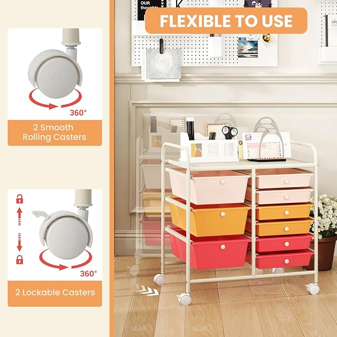 COSTWAY Rolling Storage Cart with 9 Drawer, Utility Cart with Metal Frame | Mobile Art Supply Craft Organizer, Multipurpose Storage Organizer for Paper, Office, School Teacher, Classroom, Macaron