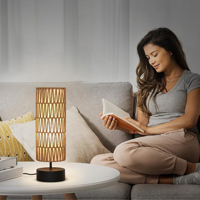 Rattan Table Lamp, Touch Control Bedside Table Lamp with Black Base, 3 Way Dimmable Nightstand Lamp with Dual-layer Shade, Boho Night Light for Bedroom Living Room Home Office, 9W LED Bulb Included
