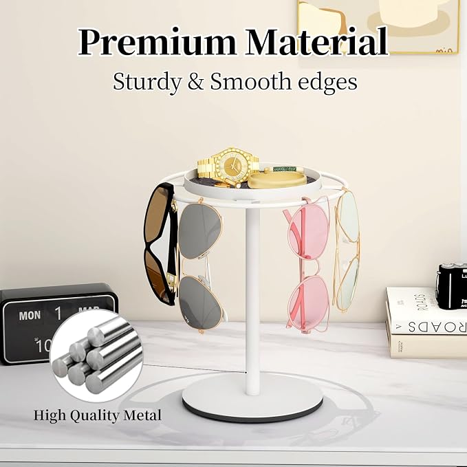 LSK Metal Sunglass Organizer, Glasses Holder Stand with Storage Tray, White | Sunglass Holder with Non-Slip Pad for Nightstand, Tabletop, Desk, Dresser, Hanging Up to 9 Pairs Sunlasses/Reading Glasses