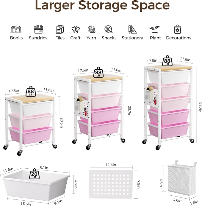 Rolling Cart with 4 Drawers, Plastic Drawer Storage Carts with Wheels & Wooden Tabletop, Metal Utility Cart with Pegboards, Office Living Room Classroom Craft Organization and Storage, Bright Pink
