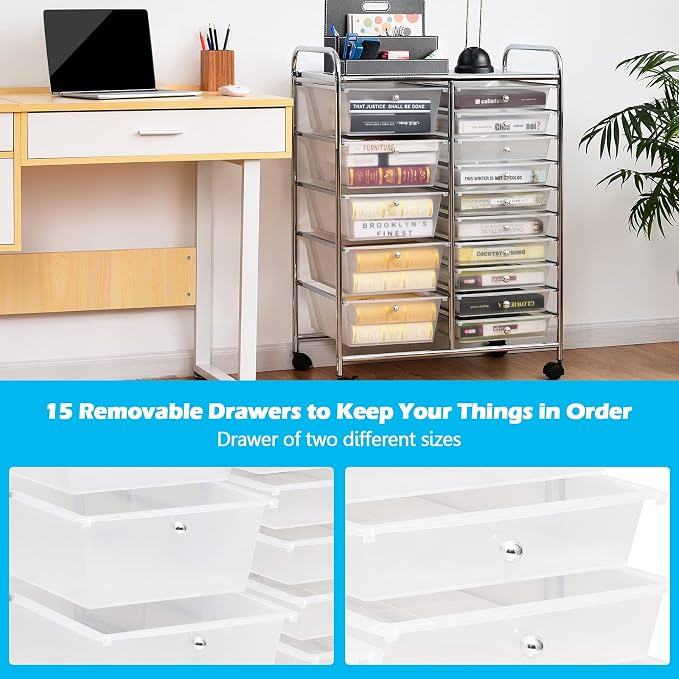 RELAX4LIFE 15-Drawer Rolling Storage Drawer Cart Organizer | 34.5"H Chrome Frame, Semi-Transparent Clear Drawers Rolling Wheels; School Office Home Salon Multipurpose Utility Storage