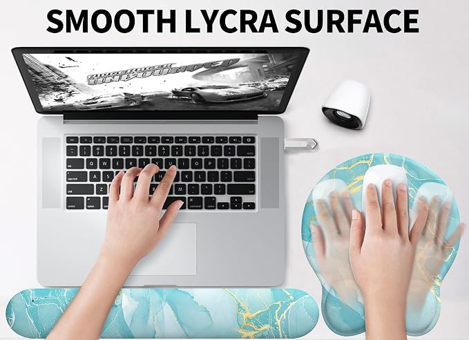 Mouse Pad Wrist Support, Ergonomic Memory Foam Keyboard Wrist Pad & Gel Wrist Rest Set for Computer Keyboard for Easy Typing & Pain Relief for Office & Home(Blue Marble Set)