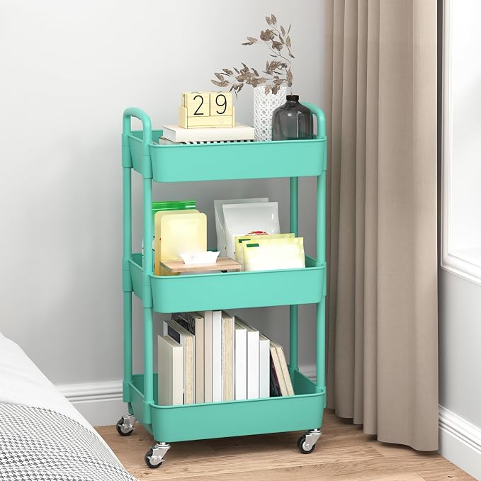 Sywhitta 3-Tier Plastic Rolling Utility Cart with Handle, Multi-Functional Storage Trolley for Office, Living Room, Kitchen, Movable Storage Organizer with Wheels, Green | Multi-Functional Storage Trolley, for Office, Living Room, Kitchen, Bathroom,Mov...