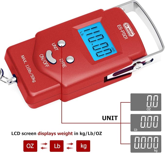 Dr.meter Fish Scale, 110 lb Digital Luggage Scale with Tape | 110 lb Capacity, Backlit LCD, Built-In Tape, Includes 2 AAA Batteries, Compact Pocket Size