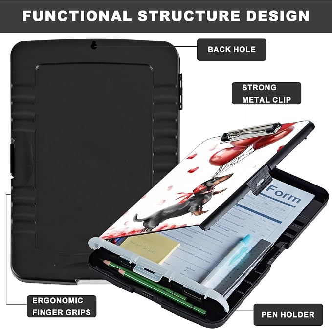 Clipboard with Storage,Storage Clipboard with Pen Holder,Heavy Duty Plastic Storage Clipboard with Low Profile Clip,Teacher Must Haves,Clipboard Folder,Office Supplies,red Balloon and Dog -1333