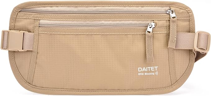 Money Belt - Passport Holder Secure Hidden Travel Wallet with RFID Blocking, Undercover Fanny Pack (Beige)