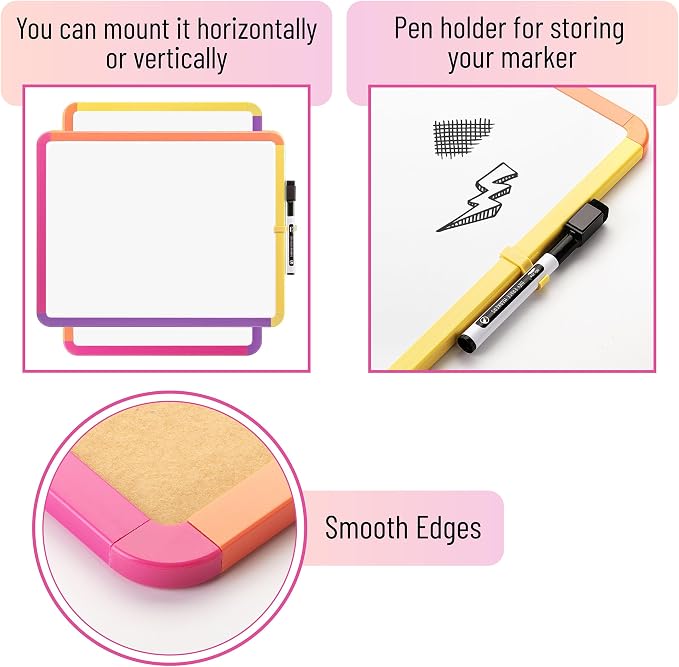Mr. Pen- Dry Erase Board, 14” x 11” with a Black Dry Erase Marker | Colorful Frame, Small Mini White Board for Students, Fridge, Wall, Locker, Includes Double Sided Tapes