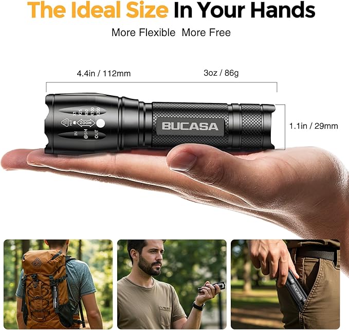 BUCASA Rechargeable Flashlights High Lumens 3 Pack, Brighter Small Flashlight Powerful Tactical Flashlights Rechargeable, Waterproof LED Flashlight with 3 Modes Zoomable for Camping Emergency