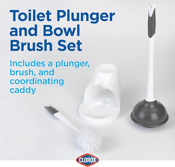 Clorox Toilet Plunger and Bowl Brush Combo Set with Caddy, 6.75" x 7" x 19.5", White/Gray, Pack of 2 - Plunger and Toilet Bowl Brush, Heavy Duty Plunger, Toilet Cleaning Brush, Freestanding Caddy