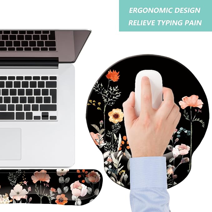 Keyboard Wrist Rest Pad Mouse Pad with Wrist Support Set of 3, Mousepad with Non-Slip Rubber Base, Ergonomic Memory Foam Mouse Wrist Cushion Support for Home Office Laptop Computer, Flower Black