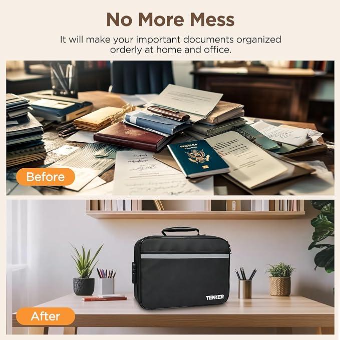 Document Bag with Lock, Fireproof File Storage Case with Water-Resistant, TENKER Organizer Box for Document, Safe Portable Travel Home Organizer for Laptop, Files, Certificates, Black(15''x11''x4'')