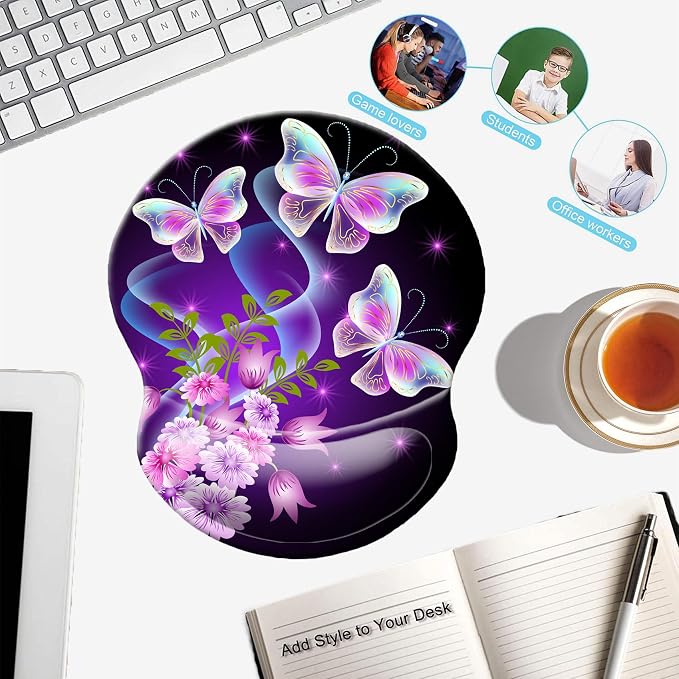 Mouse Pad with Wrist Support, Non Slip Mousepad Wrist Rest for Office, Computer, Laptop & Mac-Comfortable & Lightweight Ergonomic Support Mouse Mat(DL-Butterfly)