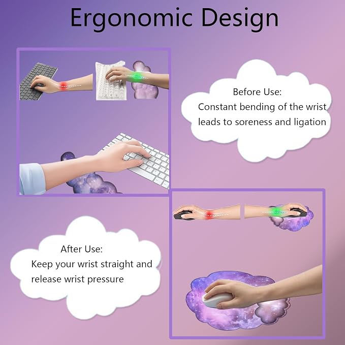 Cloud Wrist Rest Keyboard Galaxy Mouse Pad with Wrist Rest Ergonomic Space Wrist Pad Memory Foam Non-Slip Wrist Support for Computer Laptop Gaming Home Office Relief Typing Pain Gradient Pink Purple