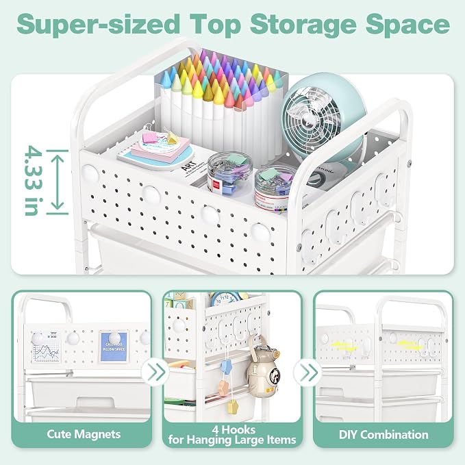 5 Drawer Rolling Storage Cart with Pegboard Top and Hooks, White | Mobile Utility Organizer with Wheels for Office Supplies, Craft Storage, Classroom Organization, Home Storage Cart