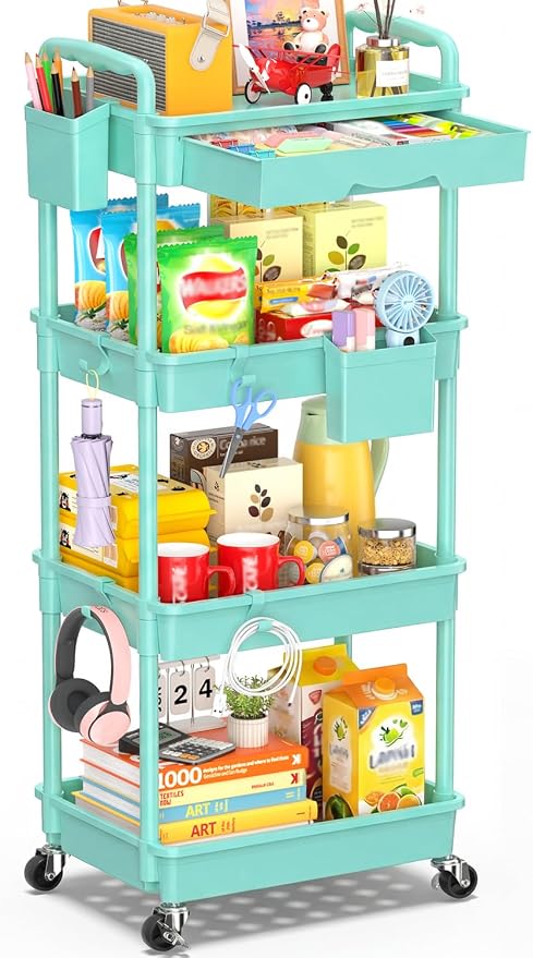 SUNALLY 4 Tier Rolling Cart with Drawer, Craft Storage Cart Organizer, Blue | Bathroom Storage Organizer with 2 Lockable Wheels, Rolling Utility Cart for Kitchen, Office, Baby, Makeup, Nail,Snack,Laundry