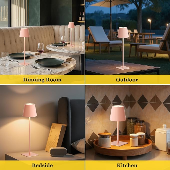 Kakanuo Pink Cordless Rechargeable Table Lamp 5000mAh Battery Operated Lamps, 3 Colors Stepless Dimming Touch Lamp for Living Room, Kitchen Counter, Dining, Outdoor Patio, 2 Pack