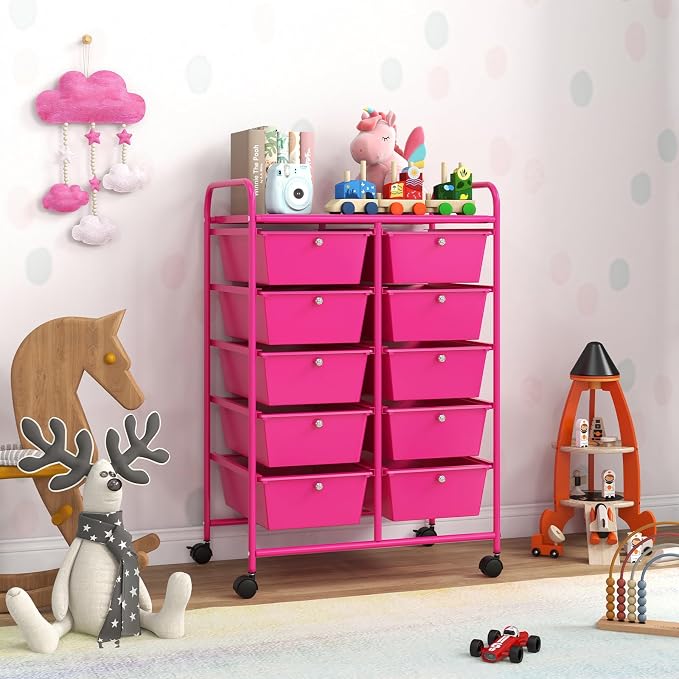 10 Drawer Rolling Cart, Storage Cart Organizer on Wheels, Drawer Cart with Metal Frame & Large Storage Capacity, Rolling Cart with Drawers for Living Room Classroom, Office