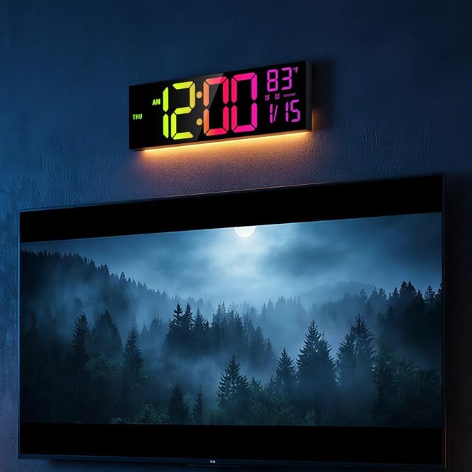 JALL 16" Large Digital Wall Mount Clock, Count Down Timer, Alarm, Big LED, RGB Color, DST, Temperature for Living Room Classroom Desk, Xmas, Birthday Gift for Senior Mom Dad (Black, 16 inches)