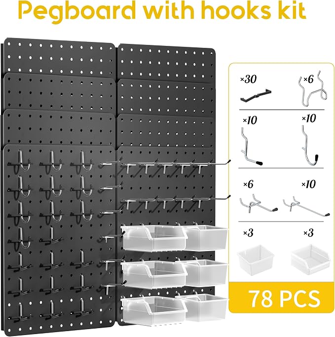 Peg board, Metal Pegboard for Tools, 8 Pack Black Wall Organizer with Hooks | 14.76"x10.82" steel panels with 36 hooks, 6 bins and peg locks for garage tools, kitchen, office and craft storage