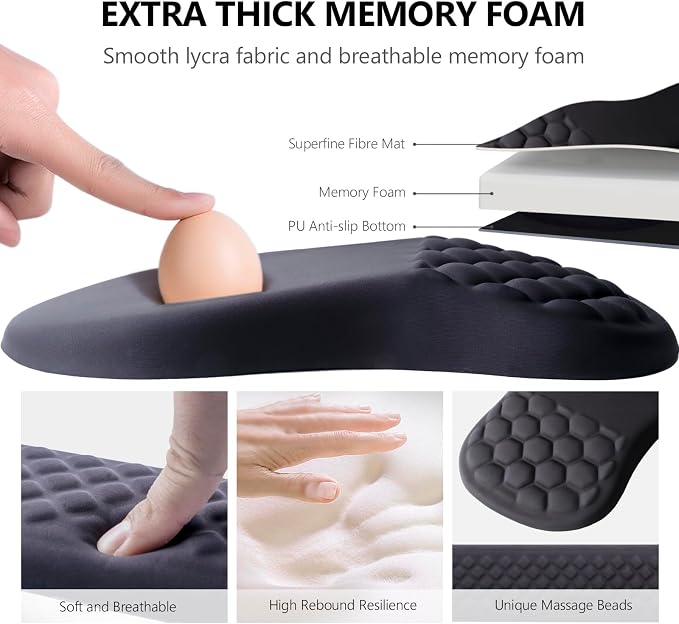Ergonomic Mouse Pad Wrist Support, 2 in 1 Keyboard Wrist Rest Set | Memory Foam, 15° Ergonomic Slope, Massage Bead Design, Non-Slip PU Base, Lycra Fabric, for Office & Gaming,Black