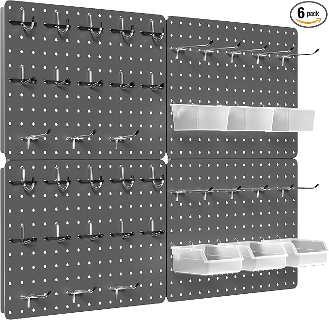 Peg board, Metal Pegboard for Tools, 4 Pack Gray Wall Organizer with Hooks | 12"x16" steel panels with 36 hooks, 6 bins and peg locks for garage tools, kitchen, office and craft storage